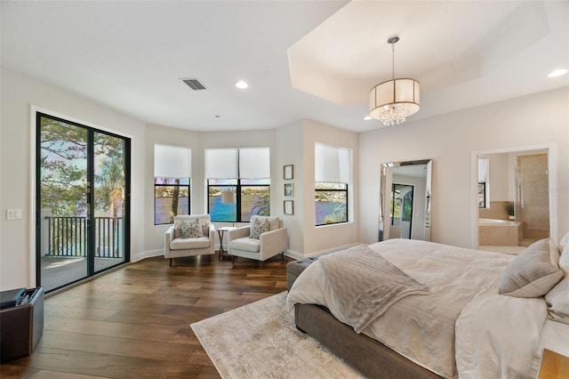 bedroom featuring access to outside, visible vents, recessed lighting, and wood finished floors