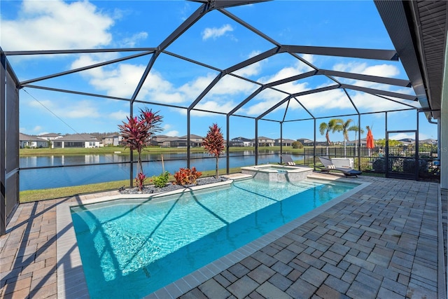 view of pool featuring a water view, a pool with connected hot tub, a lanai, and a patio