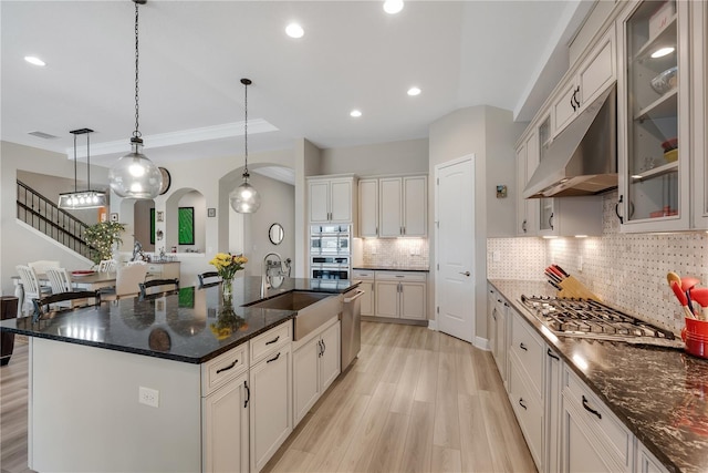 kitchen with hanging light fixtures, light wood-style flooring, appliances with stainless steel finishes, a sink, and under cabinet range hood