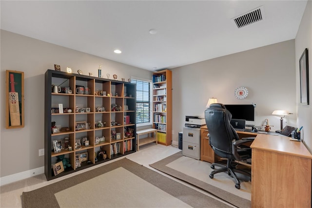 home office with light carpet, recessed lighting, visible vents, and baseboards