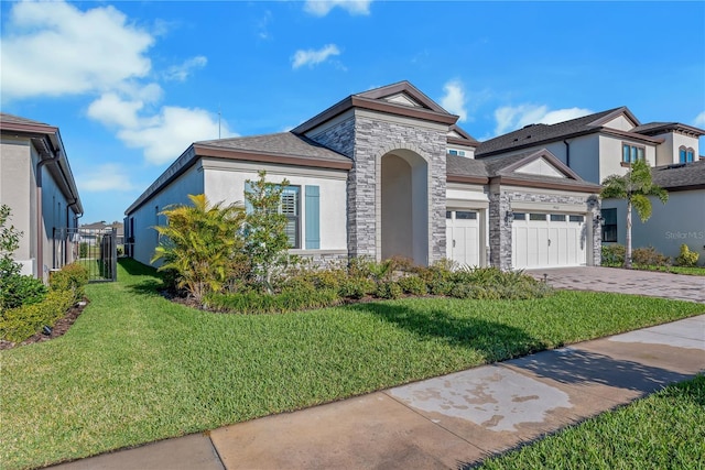 view of front of property featuring an attached garage, stone siding, driveway, stucco siding, and a front lawn