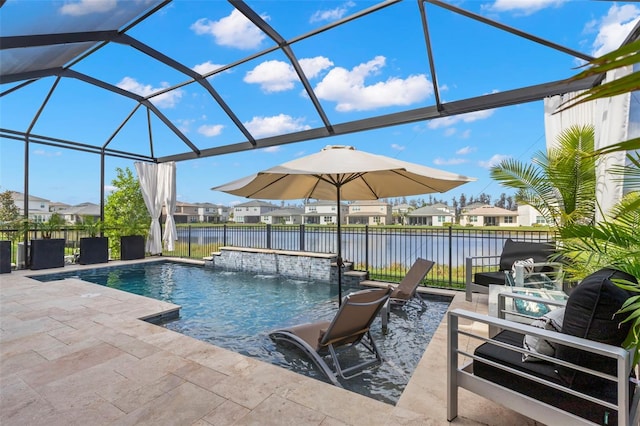 view of swimming pool with a patio, a lanai, a water view, fence, and a fenced in pool