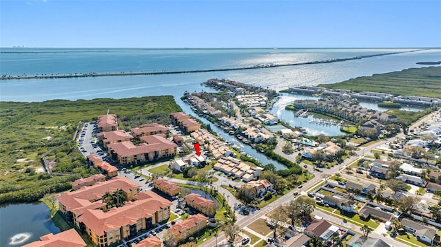 drone / aerial view featuring a water view