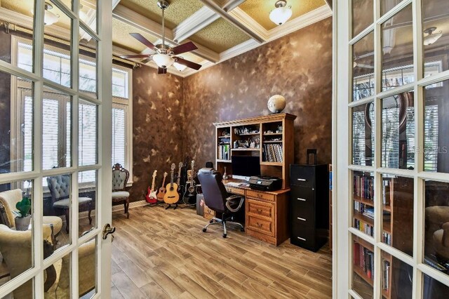 office area featuring french doors, wood finished floors, coffered ceiling, and ceiling fan