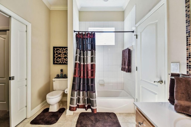 full bathroom featuring tile patterned flooring, toilet, shower / tub combo, and ornamental molding