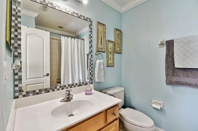 full bath with vanity, a shower with shower curtain, visible vents, ornamental molding, and toilet