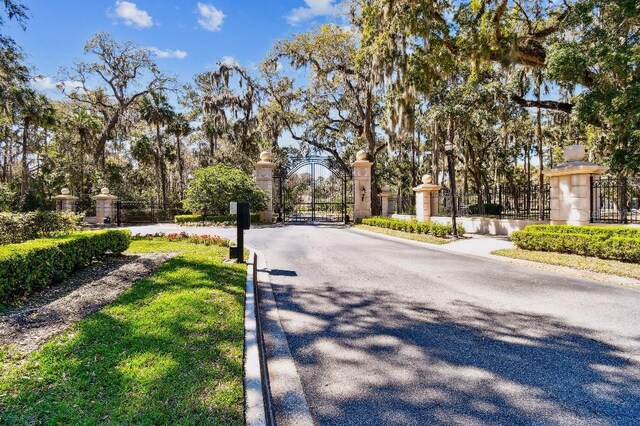 view of road with a gated entry, curbs, and a gate