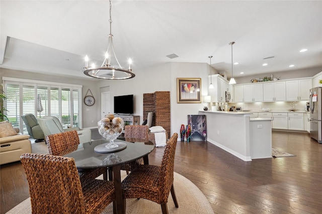 1467 Twin Villas Way, Dunedin, FL 34698 - dining space featuring a chandelier, recessed lighting, dark wood-type flooring, and baseboards