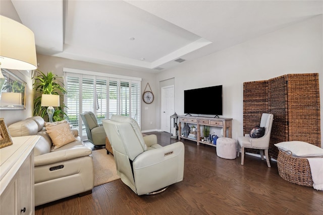1467 Twin Villas Way, Dunedin, FL 34698 - living area with dark wood-type flooring, a tray ceiling, and baseboards