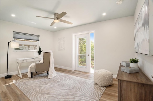 home office with recessed lighting, baseboards, ceiling fan, and light wood finished floors