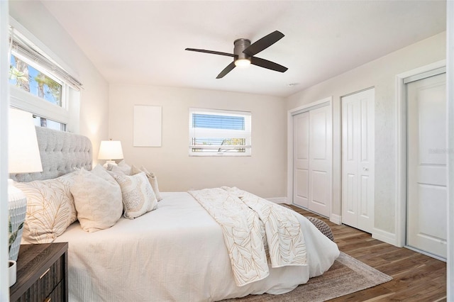 bedroom with a ceiling fan, wood finished floors, multiple windows, and two closets