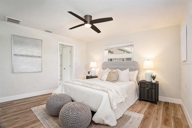 bedroom with light wood finished floors, baseboards, and visible vents