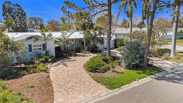 view of front of home featuring metal roof and decorative driveway