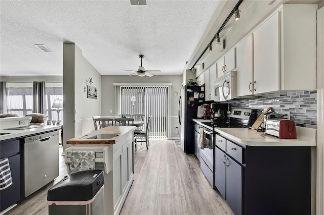 kitchen with a ceiling fan, light wood-style floors, light countertops, appliances with stainless steel finishes, and backsplash