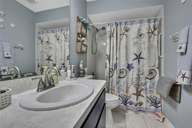 full bath with vanity, a shower with shower curtain, tile patterned flooring, and toilet