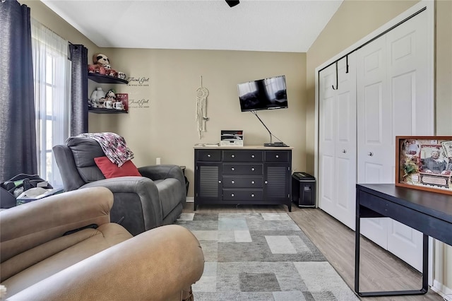 interior space with lofted ceiling and light wood finished floors