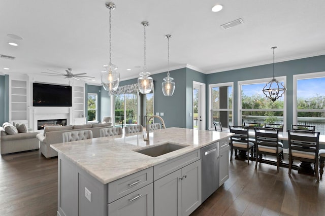 kitchen with dark wood finished floors, stainless steel dishwasher, a sink, and a glass covered fireplace