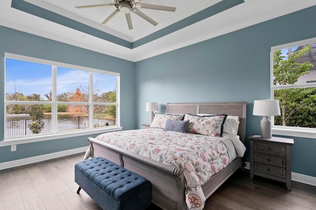 bedroom featuring wood finished floors, multiple windows, a raised ceiling, and baseboards