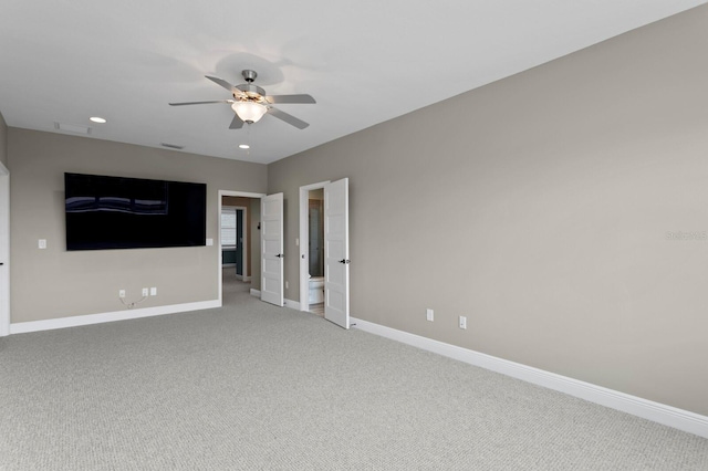 unfurnished living room featuring light carpet, ceiling fan, baseboards, and recessed lighting