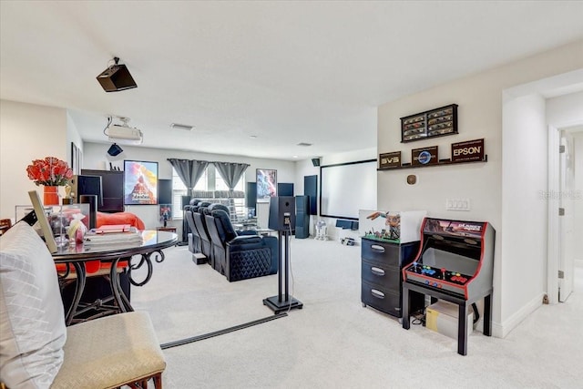 interior space featuring light carpet, baseboards, and visible vents