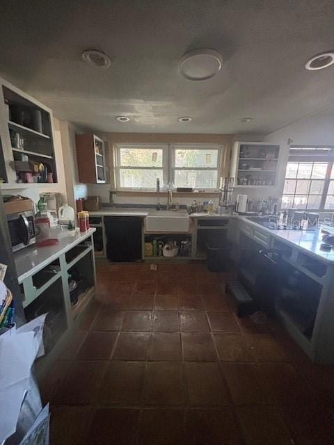 kitchen featuring open shelves, light countertops, stainless steel microwave, glass insert cabinets, and a sink