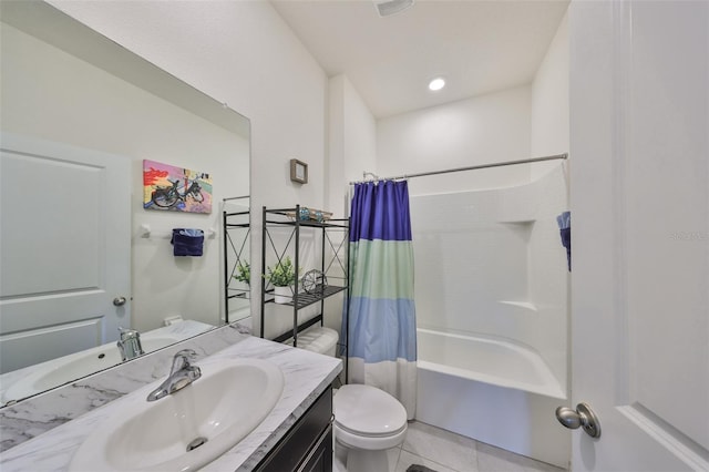 bathroom with toilet, shower / tub combo, tile patterned flooring, and vanity