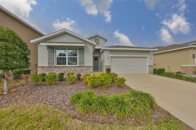 view of front of property with a garage, stone siding, and stucco siding