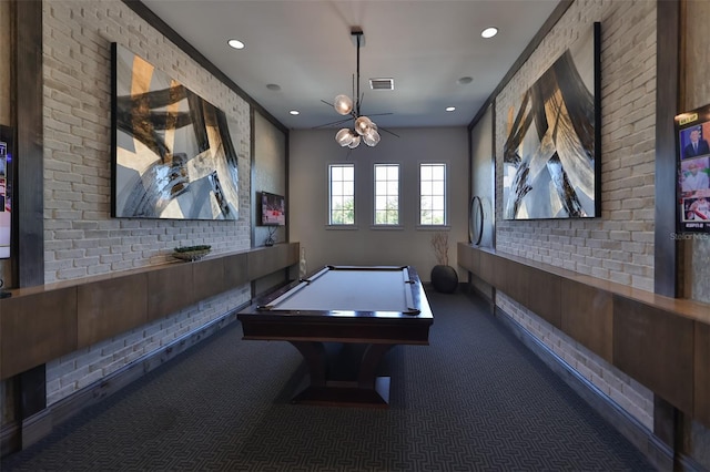 game room with recessed lighting, visible vents, carpet flooring, brick wall, and billiards