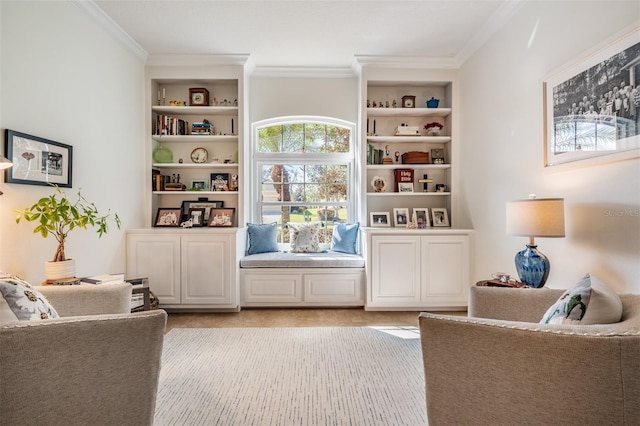 living area featuring built in features and ornamental molding