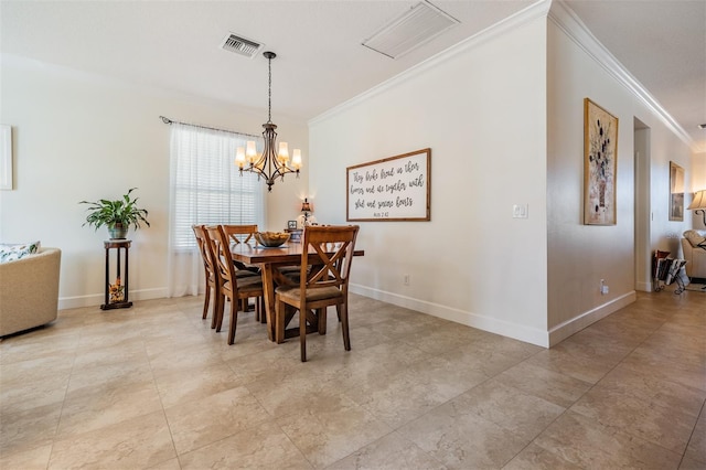 dining space with visible vents, baseboards, an inviting chandelier, and ornamental molding