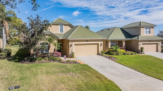 traditional home with stucco siding, a front yard, driveway, and a tiled roof