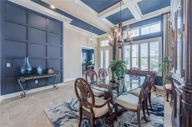 dining space featuring a chandelier, baseboards, beamed ceiling, and coffered ceiling