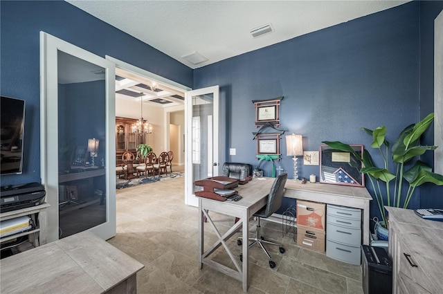office area with an inviting chandelier, coffered ceiling, beam ceiling, visible vents, and french doors