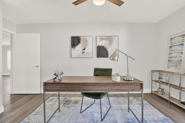 home office featuring a ceiling fan, baseboards, and wood finished floors