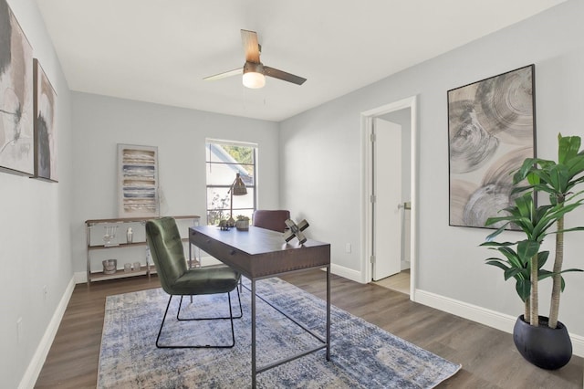 office area featuring ceiling fan, baseboards, and wood finished floors