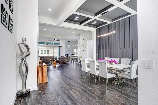 dining area with visible vents, coffered ceiling, wood finish floors, beam ceiling, and recessed lighting