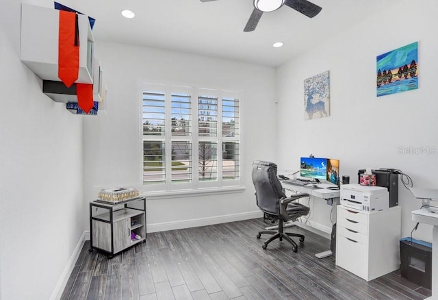 home office featuring ceiling fan, recessed lighting, wood finished floors, and baseboards