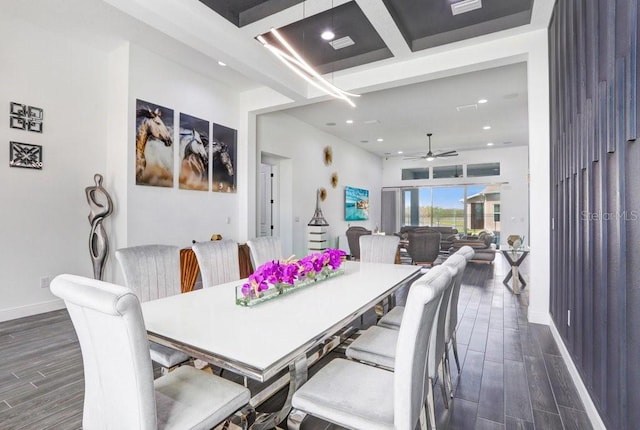 dining room with dark wood-style floors, ceiling fan, baseboards, and recessed lighting