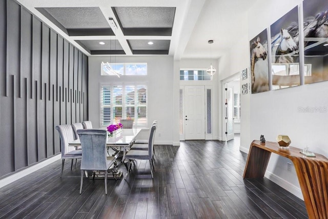 dining area featuring beam ceiling, baseboards, coffered ceiling, and dark wood-style flooring