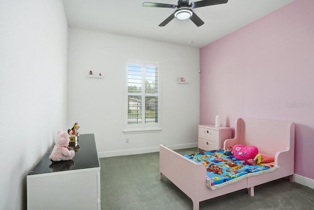 bedroom featuring ceiling fan, carpet flooring, and baseboards