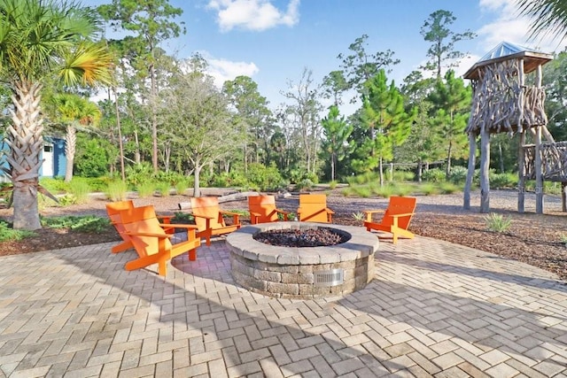 view of patio / terrace with a fire pit