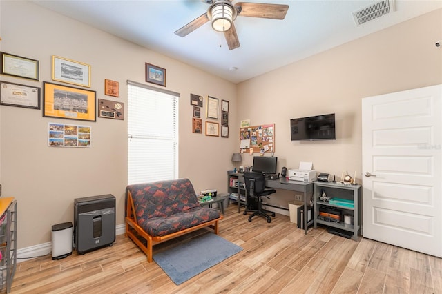 office area with visible vents, ceiling fan, light wood-style flooring, and baseboards