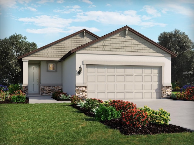 view of front of property with stucco siding, an attached garage, stone siding, driveway, and a front lawn