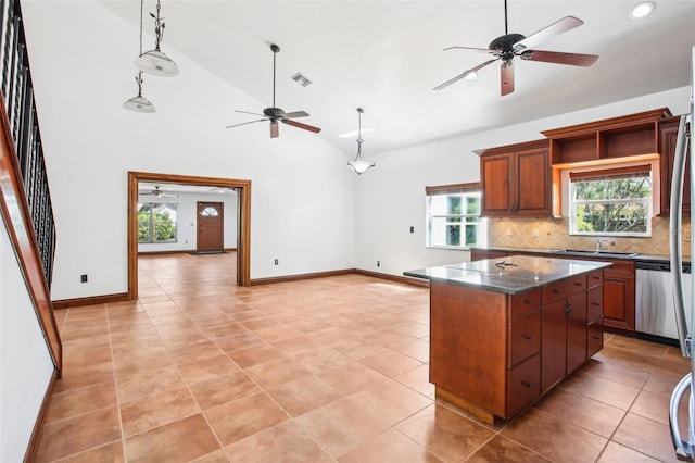 kitchen with visible vents, a sink, a kitchen island, decorative backsplash, and dishwasher