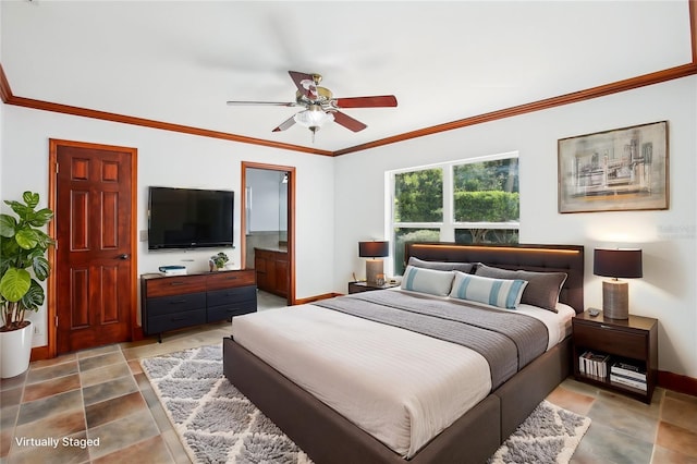 bedroom with crown molding, baseboards, and ceiling fan