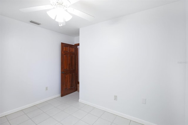 empty room with visible vents, baseboards, and a ceiling fan