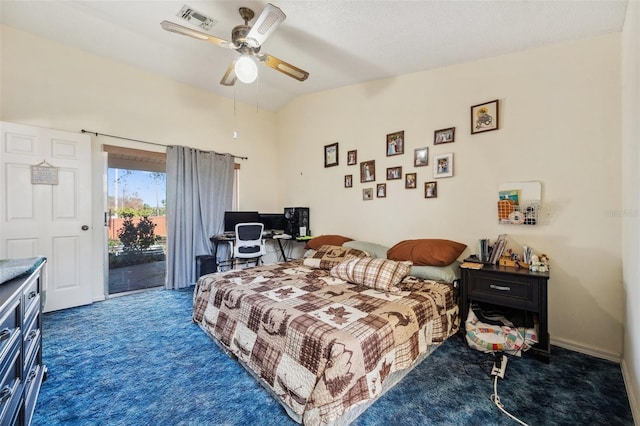 bedroom with visible vents, ceiling fan, access to exterior, vaulted ceiling, and carpet flooring