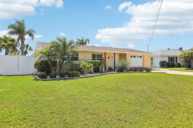 single story home featuring concrete driveway, an attached garage, fence, and a front yard