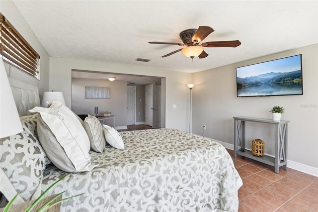 bedroom featuring tile patterned floors, visible vents, ceiling fan, and baseboards