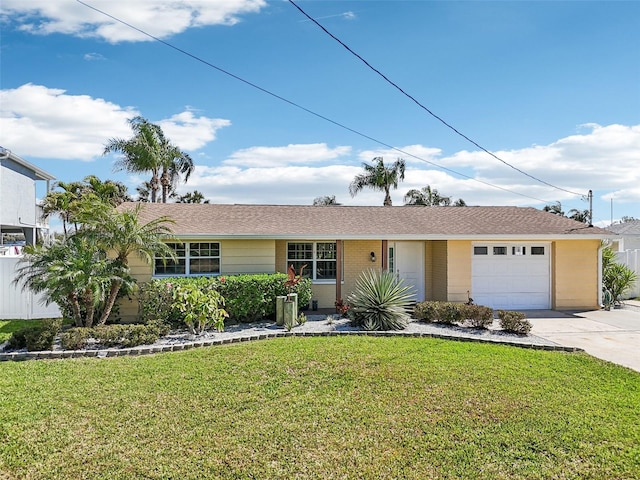 ranch-style home featuring a shingled roof, a front lawn, fence, concrete driveway, and an attached garage